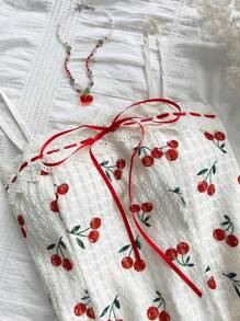 Soleia Women's Cherry Printed Vacation Dress With Positioning Lace & Ruffle Trim - Apricot - View 3