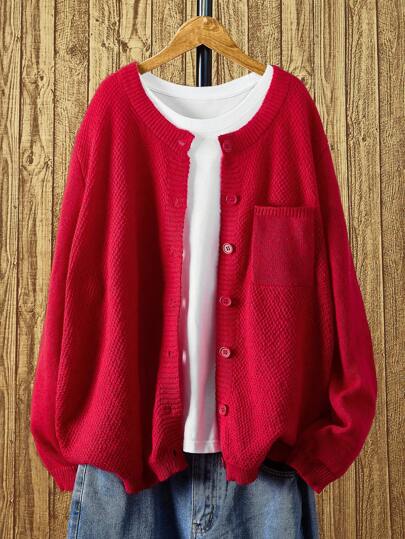 SHEIN Women's Plus Size Solid Color Simple Long Sleeve Cardigan For Daily Wear For New Year Clothes, For Winter Fall Cloth For Women Autumn