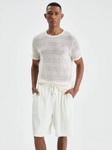 Manfinity VCAY Heren gebreid bijpassend casual T-shirt met ronde hals, korte mouwen en rechte casual shorts, 2 stuks, zomer