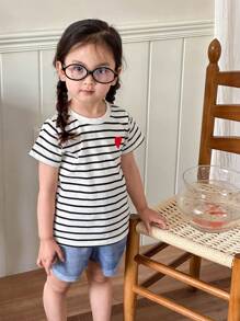 SHEIN Young Girl Heart Embroidery Stripe Tee