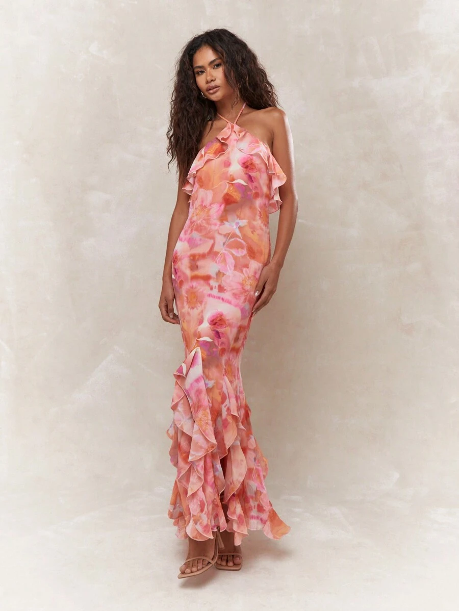 floral cami tiered ruffle hem backless maxi dress Won't Bite Backless Mini Dress Black