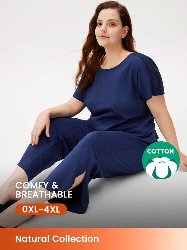LUVLETTE Women Plus Dark Blue Soft Cotton Pajamas Sets Lounge Set Lingerie