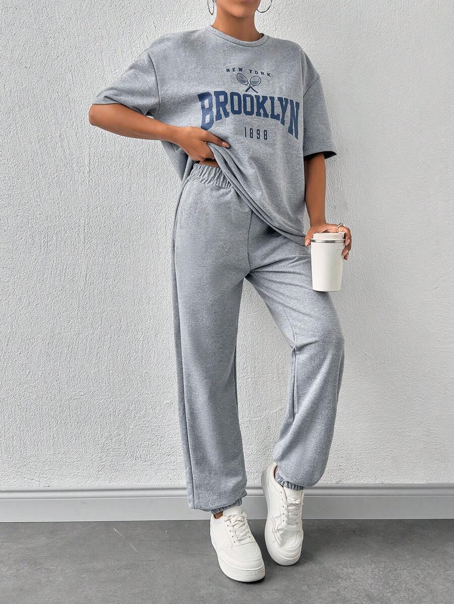 EURMUSE Women Solid Color Printed T-Shirt & Sweatpants - Light Grey - View 1