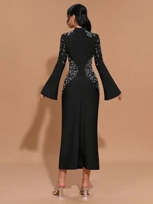 Rochie de seară formală pentru femei Modphy, cu mânecă lungă și model bandaj, de vară nouă, pentru femei - Negru - Vizualizare 6