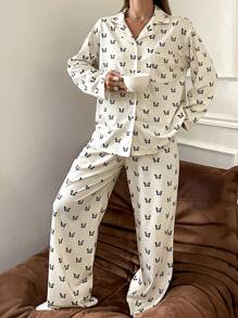 DAZY Butterfly Allover Print Long Sleeve And Long Pants Sleepwear Set Pajama - Beige - View 4