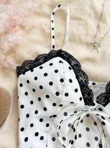 Soleia 女式蝴蝶结前开式不对称荷叶边蕾丝拼布白色背景黑色波尔卡圆点波西米亚风夏季海滩音乐节吊带背心 - 黑與白 - 查看 4