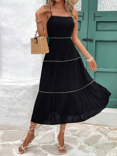 SHEIN Frenchy Plus Size Vacation Casual Spaghetti Strap Dress With Woven Belt Embellishment,Country,Summer BeachVacation Ribbon Decoration Dress Textured Flowy Fabric Beach Summer Dress Pastel Dress Black Dress Summer Dress Long Beach Dress Beach Women Dresses Linen Dress Sundress
