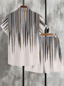 Men's Geometric Print Short Sleeve Shirt And Shorts Casual Set For Vacation - Multicolor - View 3