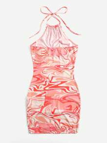 SHEIN ICON 90s Marble Print Ruched Halter Dress - Coral Pink - View 2