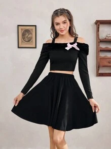 Teen Girl's Autumn/Winter Two-Piece Set, Including A Long-Sleeved Top With Fluffy Shoulder Strap And Bow Decoration, And A Black Elegant Skirt, Perfect For Party Events