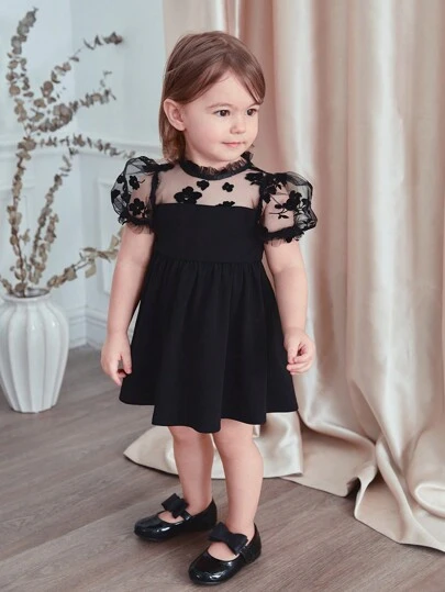 Baby Girl Formal Dress With 3D Flower Patchwork And Puff Sleeves, Suitable For Parties, Birthday Banquets, Gatherings, Outings, And Other Occasions.