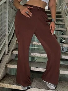 Flirla Solid Color Baggy Plus Size Work Pants - Coffee Brown - View 6