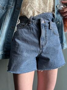 DAZY 女士純色休閒牛仔短褲，適用於日常穿著 - 藍色 - 查看 1