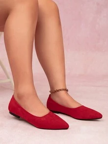 CUCCOO CURVES Plus Size Wide-Fit Flat Slip-On Shoes With Pointed Toe, Red, Suitable For All Seasons - Red - View 2