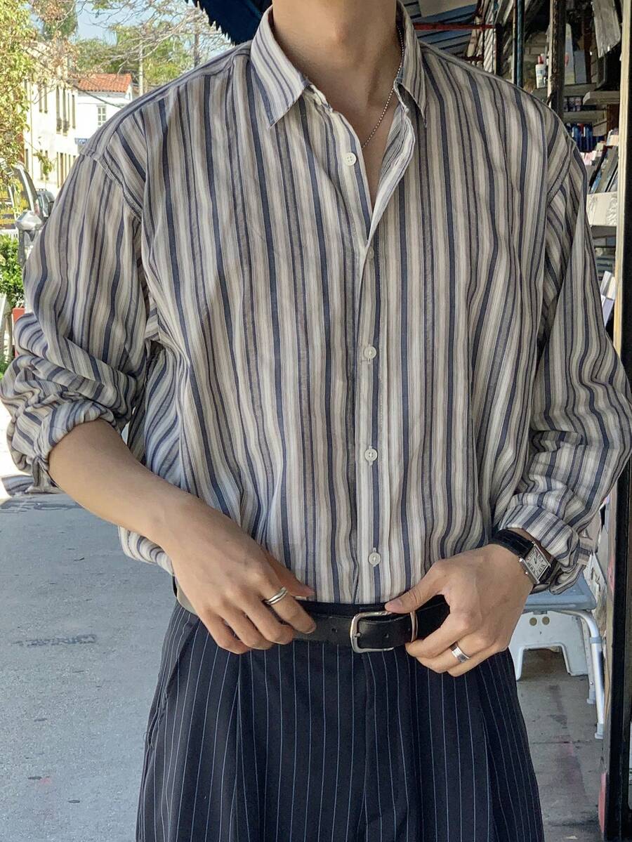 DAZY 男式寬鬆條紋長袖休閒襯衫，秋季款 - 藍色 - 查看 1