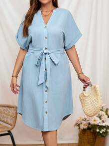 SHEIN LUNE Robe chemise en lin de vacances de couleur unie grande taille - Bleu gris - Voir 5