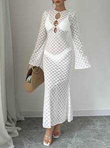 Selianne Spring Summer Sexy Solid Color Hollow-Out Knit Trumpet Sleeve Mermaid Style See-Through Long Dress Fall Cloth For Women - White - View 5