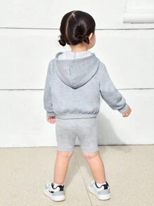 SHEIN 3pcs/Set Baby Girls Casual Simple Fashion Solid Color Sleeveless Top, Shorts And Hooded Jacket, Thick Thermal Lined, Autumn/Winter - Green - View 2