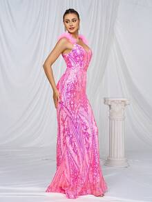 Glittery Spaghetti Strap Party Bodycon Dress - Pink - View 6