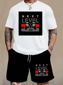 男士 NEXT LIVE 加大码字母图案 T 恤和短裤套装，舒适服装 - 黑色 - 查看 1