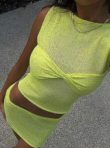 INAWLY 女士毛衣两件套，包括无袖扭纹前圆领上衣和修身时尚裙子，适合日常穿着