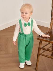 SHEIN 3pcs/Set Baby Boys' Summer Plaid Vest Overalls With Hooded Bodysuit And Long Pants Gentleman Outfit - Green - View 6