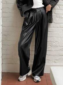 DAZY 女士纯色PU阔腿裤皮裤 - 黑色 - 查看 4