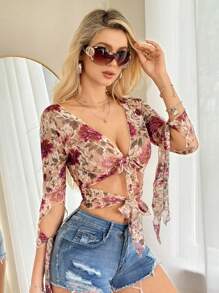 SHEIN ICON Trang phục mùa thu dành cho nữ Đi chơi Dây thắt nút Ren gợi cảm in hoa cài nút - Nhiều màu - Xem 7
