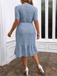 SHEIN Clasi Plus Size Summer Casual Solid Color Hollow Out Embroidered Puff Sleeve Button Front Midi Dress - Blue - View 2