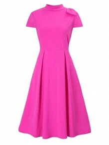 SHEIN Unity 女士夏季優雅純色立領腰身束腰連衣裙 - 玫紅色 - 查看 3