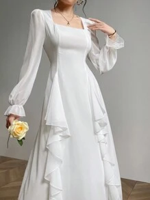 Modelyn Women's Solid Color Simple Daily Wear Square Neck Long Sleeve Dress Maxi Women Outfit Long Evening Dresses Fall Cloth For Women - White - View 6