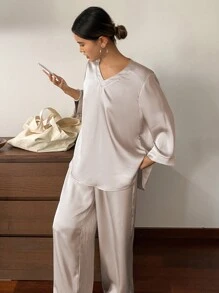 DAZY Simple V-Neck Loose Satin Pajama Set With Arc-Shaped Hem - Champagne - View 6