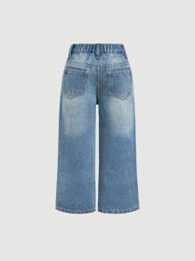 SHEIN Young Girls' Loose Wide Leg Denim Blue Jeans,Summer Boho Thin Denim Wide-Leg Pants