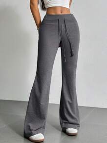 SHEIN EZwear Drawstring Waist Flare Leg Sweatpants - Dark Grey - View 5