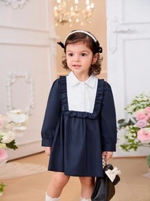 SHEIN Baby Girls' Elegant Vintage Black & White Patchwork Dress, Autumn/Winter - Navy Blue - View 6
