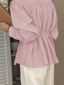 DAZY Women's Spring & Autumn Casual Solid Color Wrap Belted Shirt Long Sleeve Top - Pink - View 2