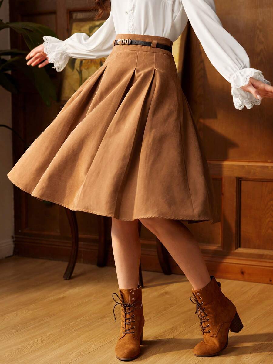 Vintamour Váy chữ A xếp ly cổ điển & thanh lịch dành cho nữ có thắt lưng, màu nâu, hoàn hảo cho công việc hoặc những dịp thường ngày Quần áo trở lại trường Quần áo mùa thu Trang phục mùa thu Quần áo giáo viên Quần áo mùa đông cho phụ nữ Quần áo cổ điển Váy kaki Váy dạ hội ngắn màu nâu đỏ - màu nâu - Xem 1