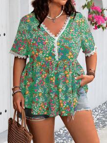 Flirla Camisa casual diaria de talla grande para mujer con estampado aleatorio