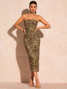 Glamine Women's Summer Fashion Leopard Print Ruched Bodycon Strapless Dress - Khaki - View 4