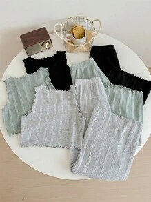 SHEIN Tween Girl's Casual Comfortable Knitted Tank Top And Wide Leg Pants Set With Stripes, Multi-Color - Multicolor - View 2