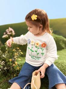 SHEIN Baby Girls' Lovely Flower Printed Long Sleeve Sweatshirt - White - View 5