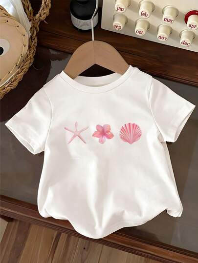 SHEIN Baby Girls' Cute & Colorful Shell Flower Printed Short Sleeve T-Shirt With Girly Vibes, Suitable For Outings