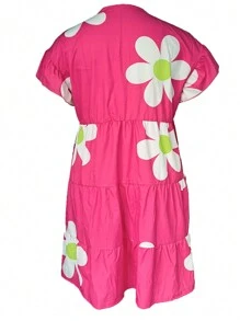 UREREM Plus Size Women's Casual Floral Print Ruffle Sleeve Dress, Woven Fabric With 4-Way Stretch, 120G, Suitable For Vacation And Travel - Hot Pink - View 2