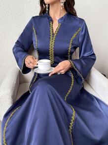 Al Najma 女士优雅拼色长裙，系带设计，喇叭袖，优雅晚会礼服 - 寶藍色 - 查看 5