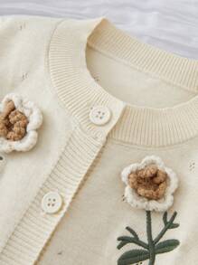 SHEIN Vintaside Kids 女孩花卉刺繡針織開衫，春秋長袖上衣 - 米色 - 查看 6