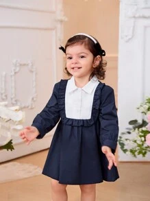 SHEIN Baby Girls' Elegant Vintage Black & White Patchwork Dress, Autumn/Winter - Navy Blue - View 5