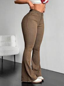 Jeanoix 女士休閒喇叭牛仔褲，側邊口袋款式 - 棕色 - 查看 2