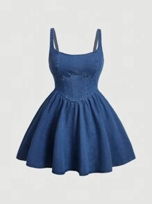 SHEIN MOD Plus Size Round Neck Sleeveless Denim Dress With Ruffles Hem, Backless, Chic And Elegant - Medium Wash - View 1