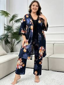 Plus 3pcs Lace Trimmed Cami Top, Long Pants And Robe Set, Fall Clothes - Multicolor - View 6