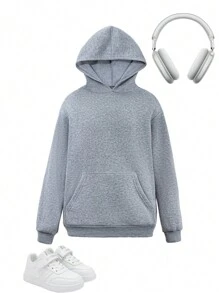 SHEIN Girls' Casual Hooded Sweatshirt With Ocean Whale Print - Grey - View 2